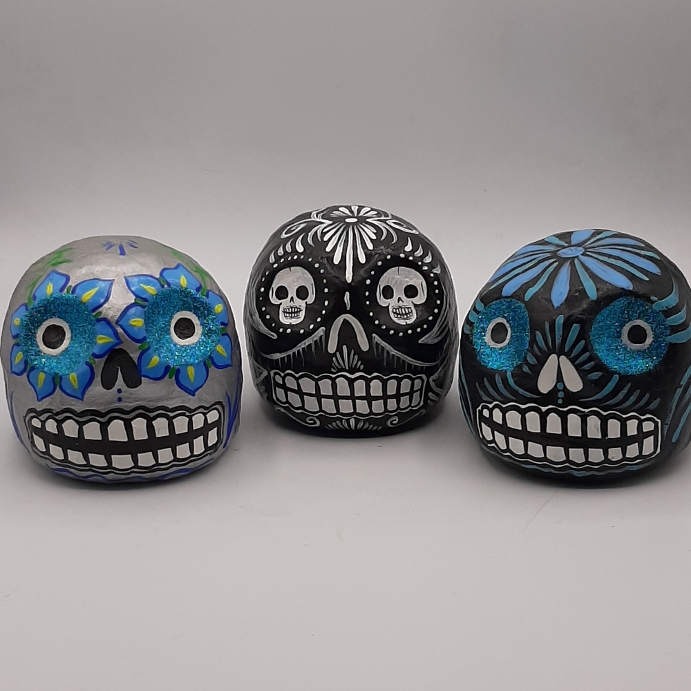 Lot 3 Paper Mache Skulls Decorative Glitter Handmade Hand Painted Funky Decor